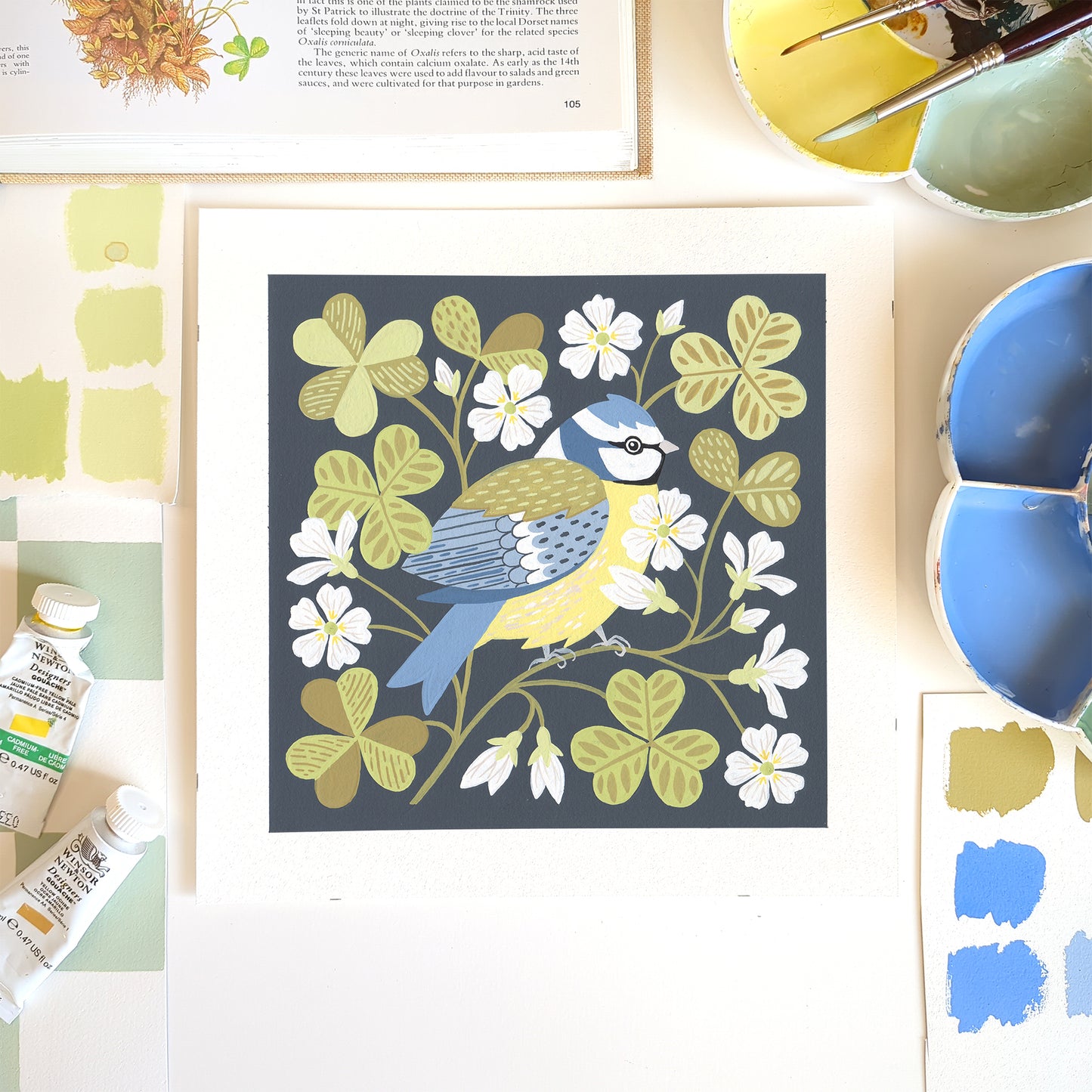 Forest Finds Original Painting: Blue Tit & Wood Sorrel