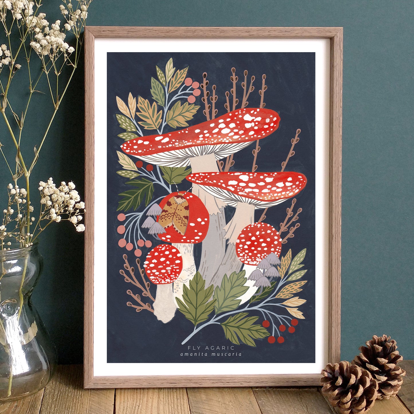 Artwork of a Fly Agaric mushroom with wooden frame.