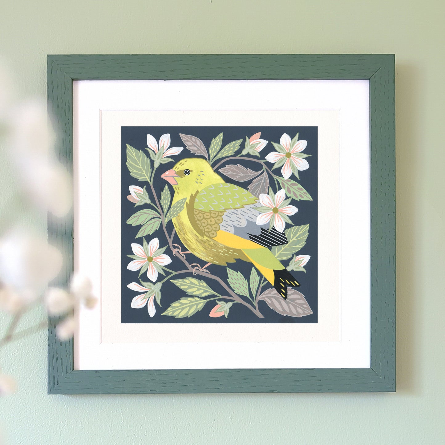 Forest Finds Original Painting: Greenfinch & Crab Apple Blossom