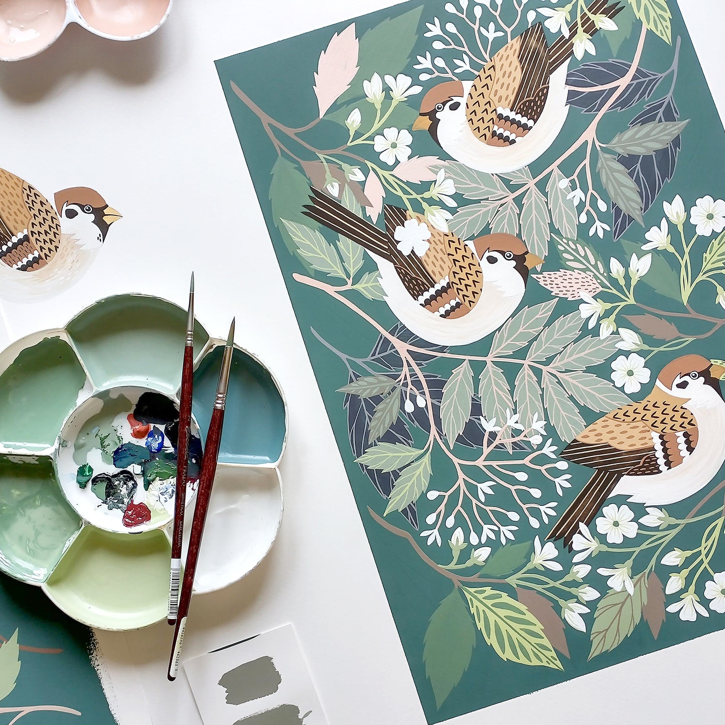 Tree Sparrow Gouache Painting in Progress