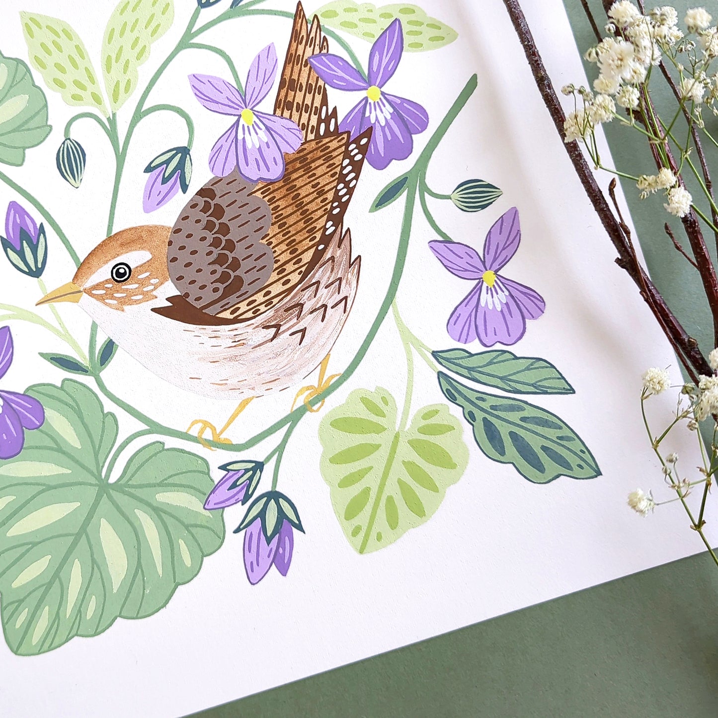 Forest Finds Original Painting: Wren & Sweet Violet