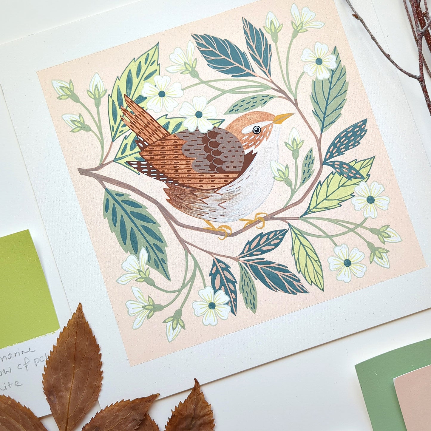 Forest Finds Original Painting: Wren & Wild Cherry Blossom