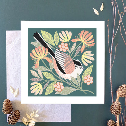 Forest Finds Original Painting: Long-tailed Tit & Honeysuckle