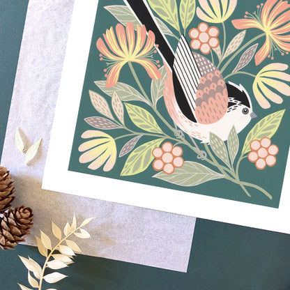 Forest Finds Original Painting: Long-tailed Tit & Honeysuckle