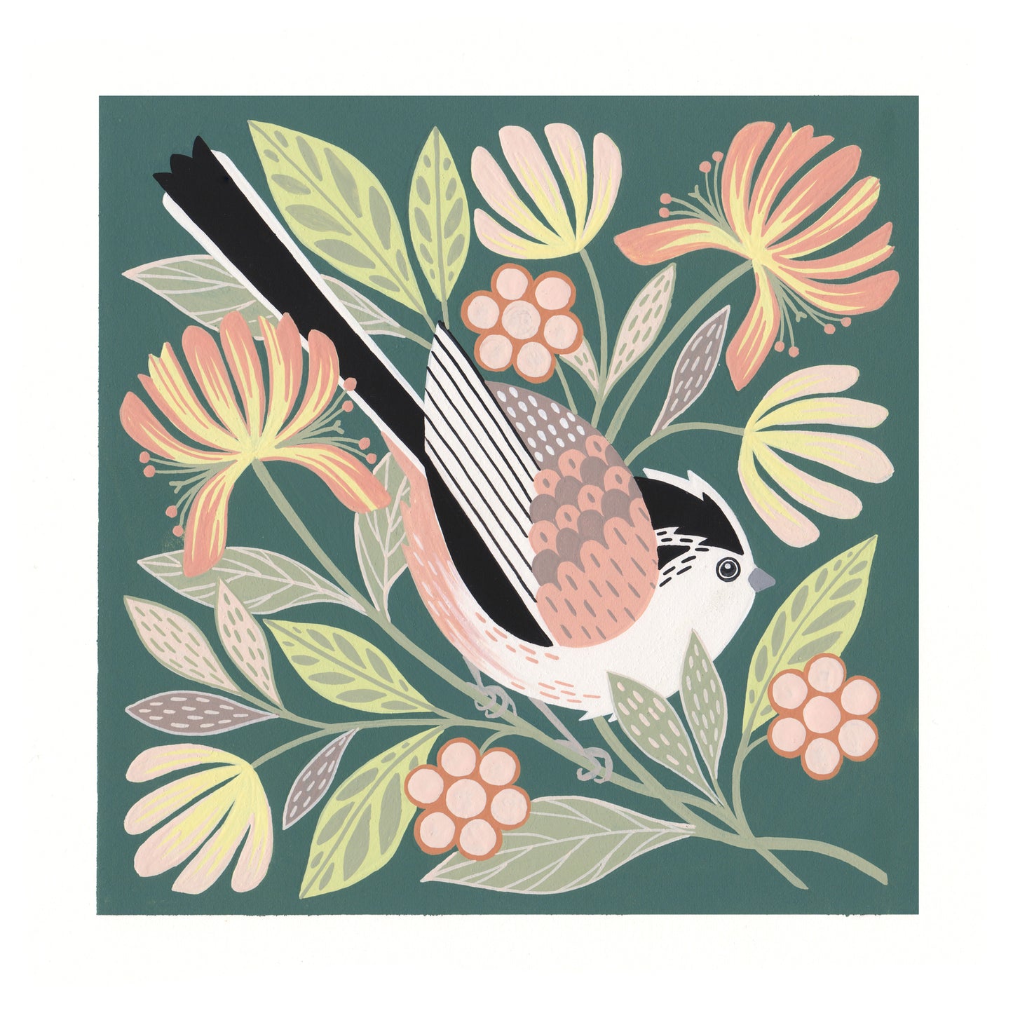 Forest Finds Original Painting: Long-tailed Tit & Honeysuckle