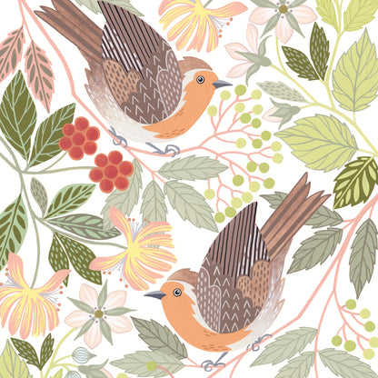 Artwork detail of robins and woodland foliage on a white background