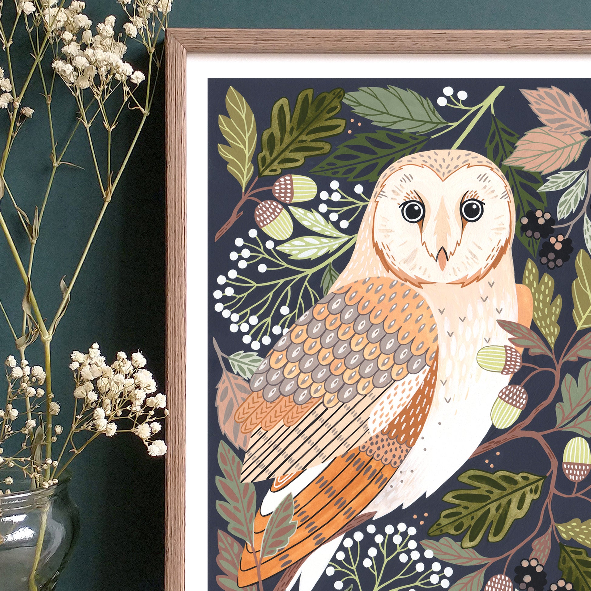 Art print of a barn owl surrounded with woodland foliage.