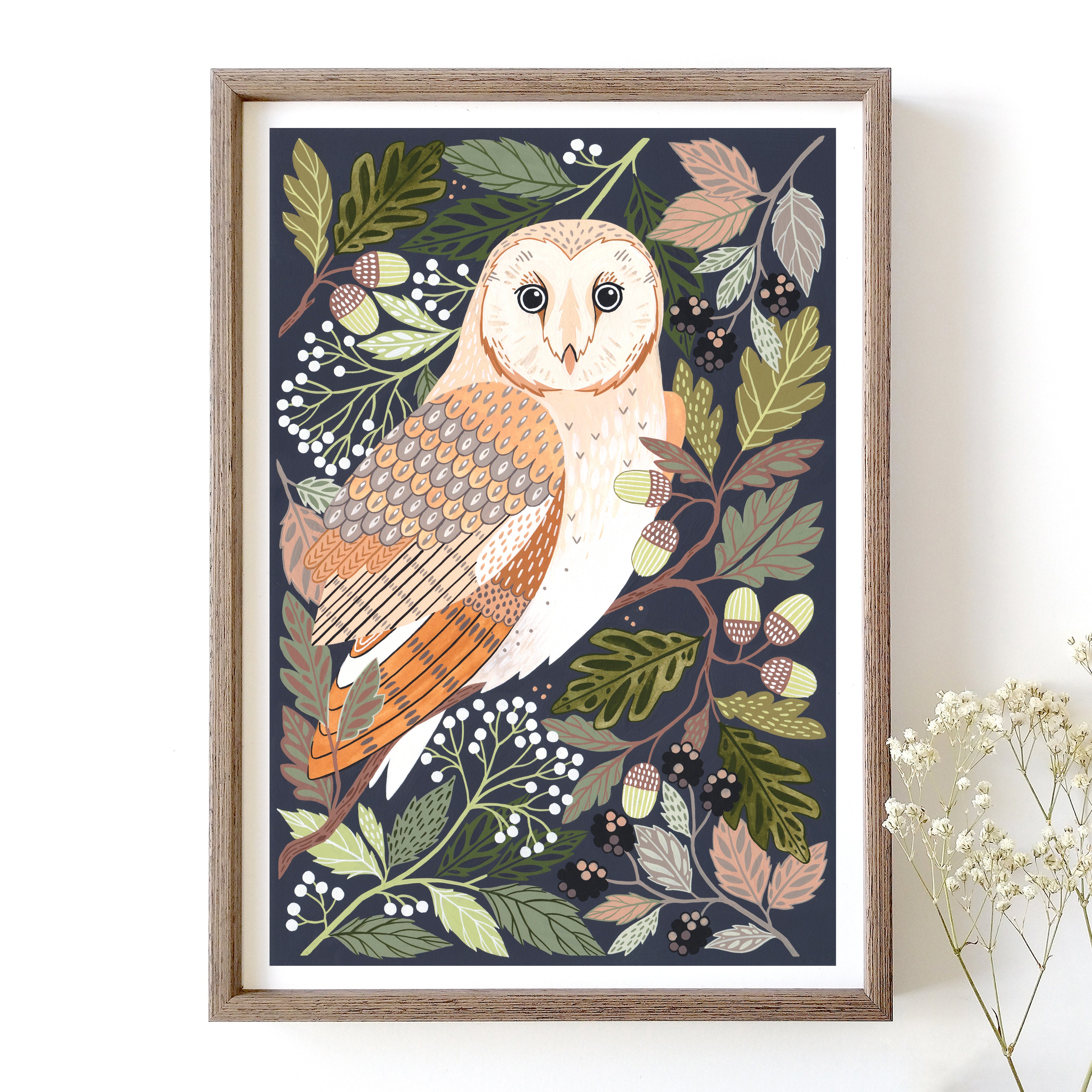 Art print of a barn owl surrounded with woodland foliage.