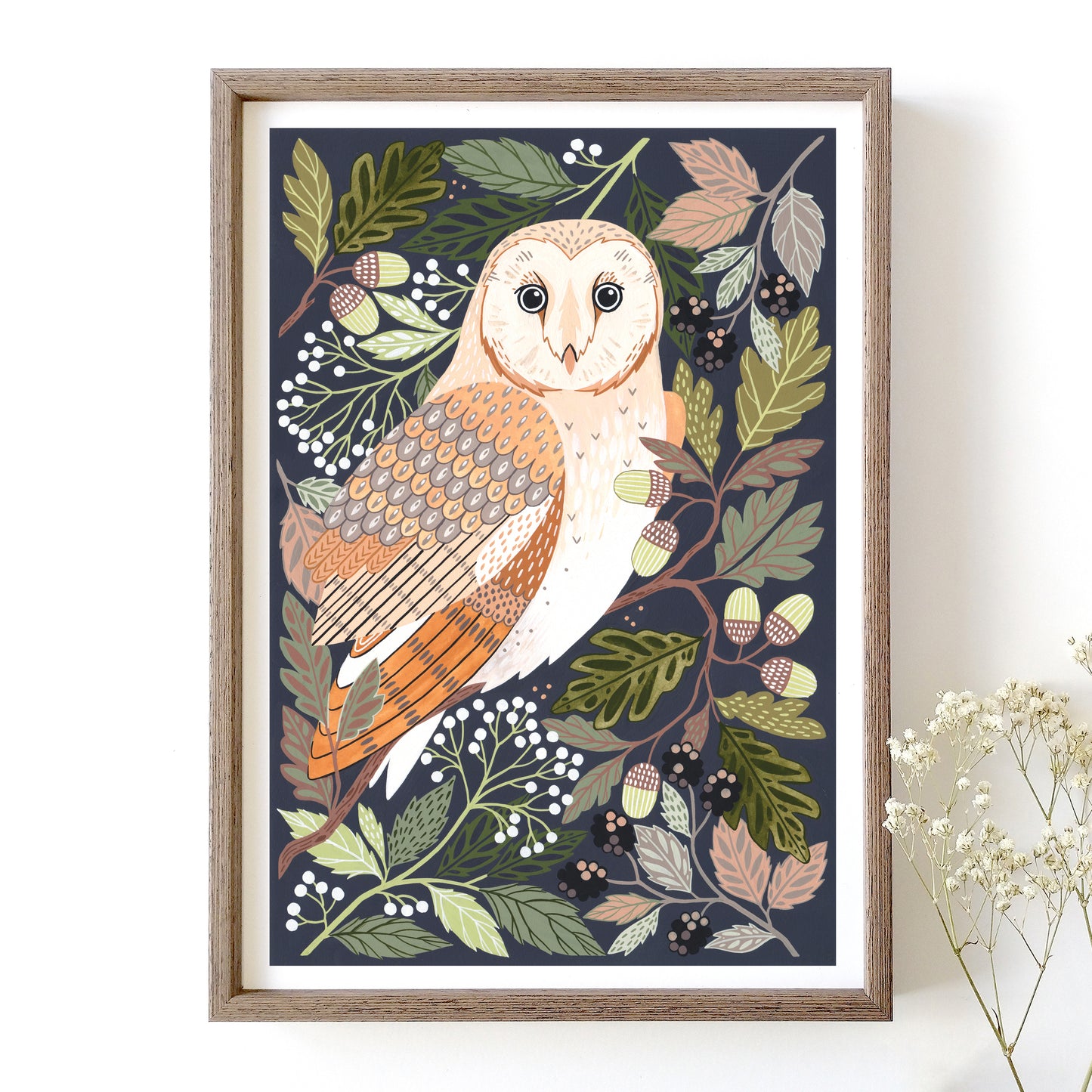 Art print of a barn owl surrounded with woodland foliage.