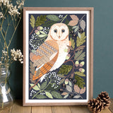 Art print of a barn owl surrounded with woodland foliage.