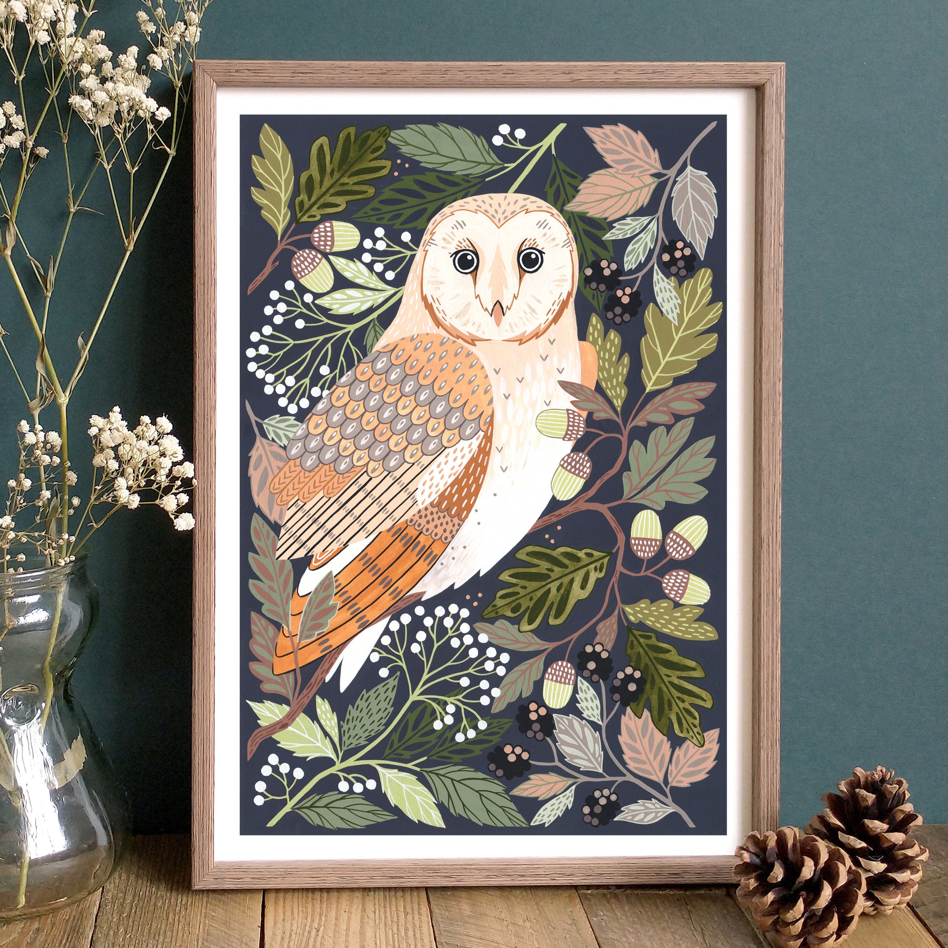 Art print of a barn owl surrounded with woodland foliage.