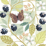 A botanical art print featuring a speckled wood butterfly, blackberries, white flowers, and green leaves.