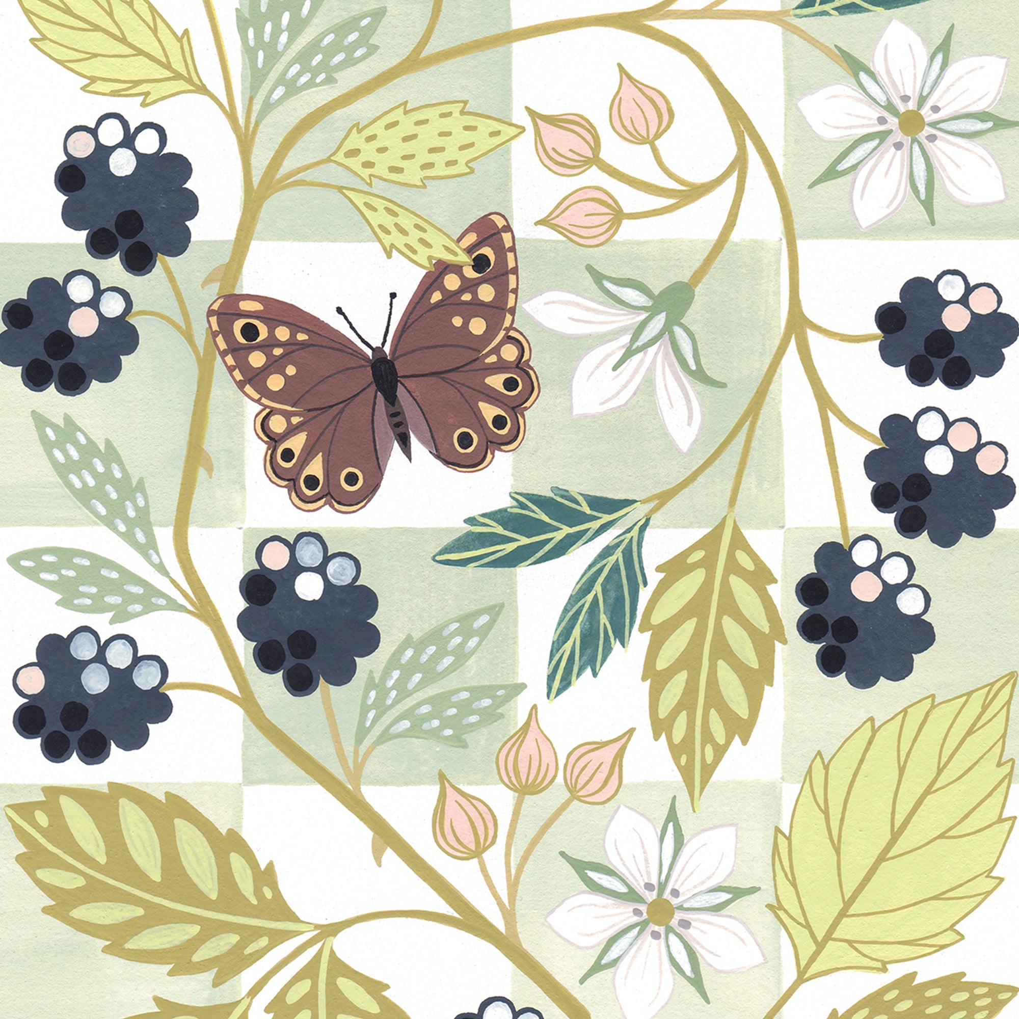 A botanical art print featuring a speckled wood butterfly, blackberries, white flowers, and green leaves.