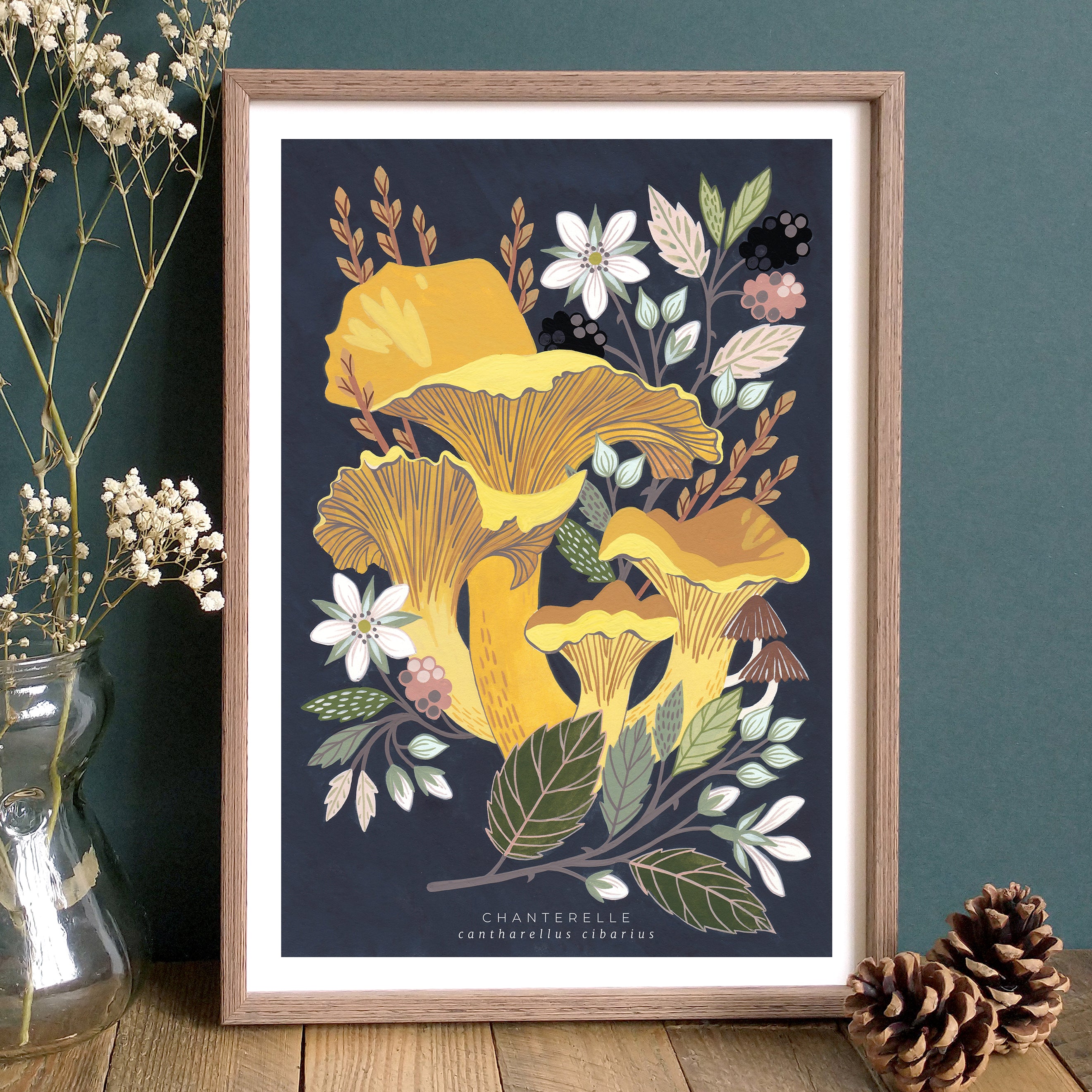 Chanterelle mushroom artwork with frame