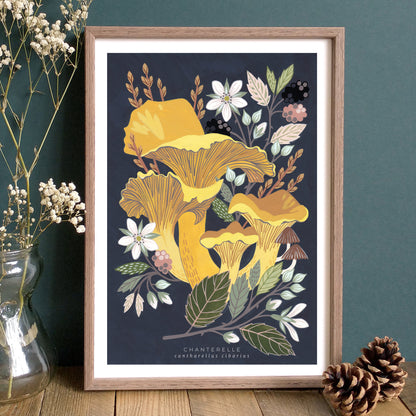 Chanterelle mushroom artwork with frame