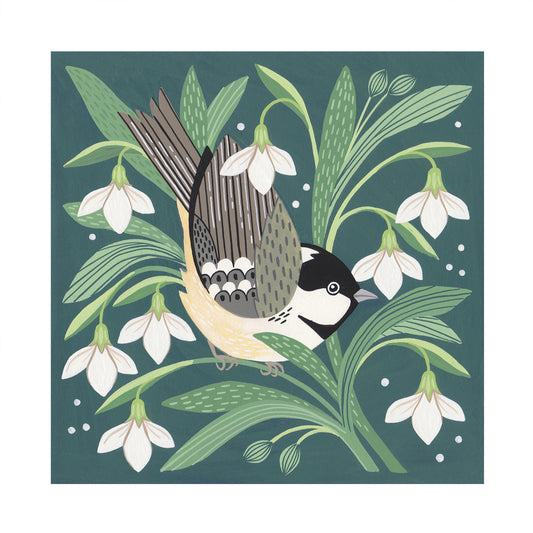 Forest Finds Original Painting: Coal Tit & Snowdrops