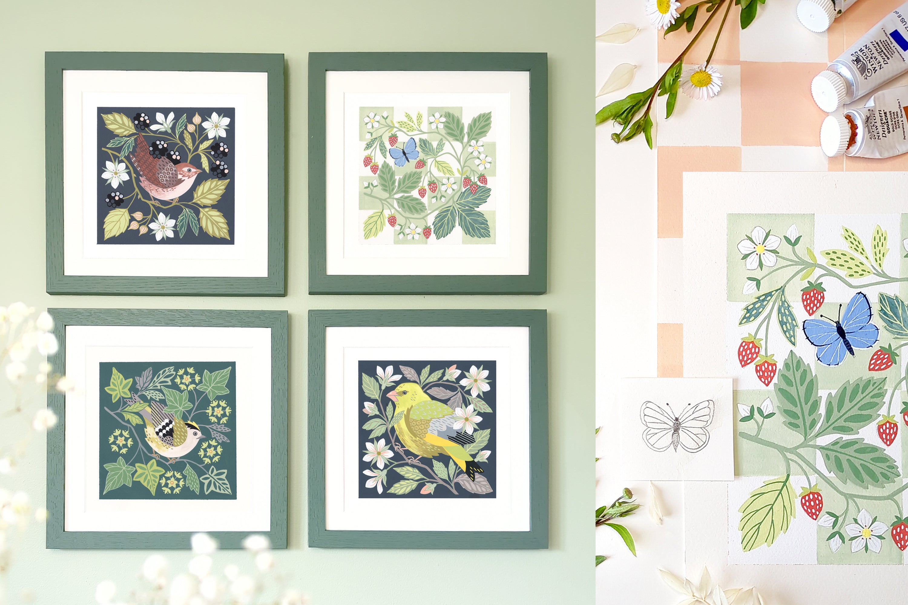 Four framed botanical and bird original paintings arranged in a 2x2 grid on a pale green wall, with a flat-lay of on the right hand side.