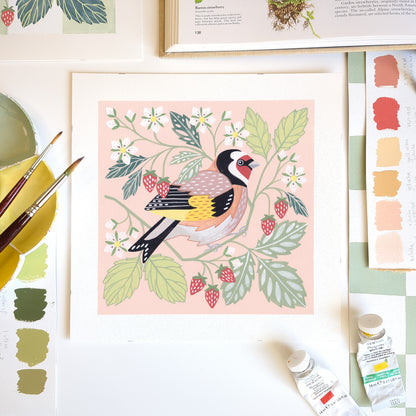 Forest Finds Original Painting: Goldfinch & Wild Strawberries