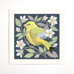 A square art print featuring a greenfinch perched among white flowers and green leaves on a dark navy background.
