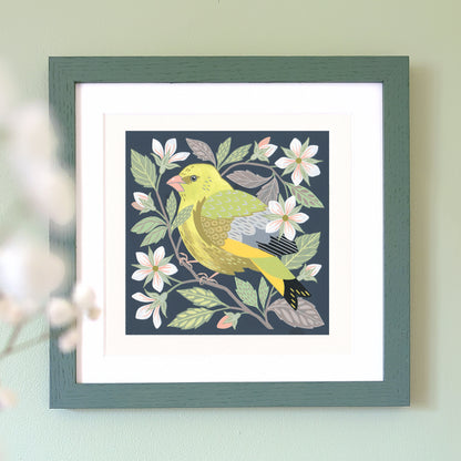Forest Finds Original Painting: Greenfinch & Crab Apple Blossom