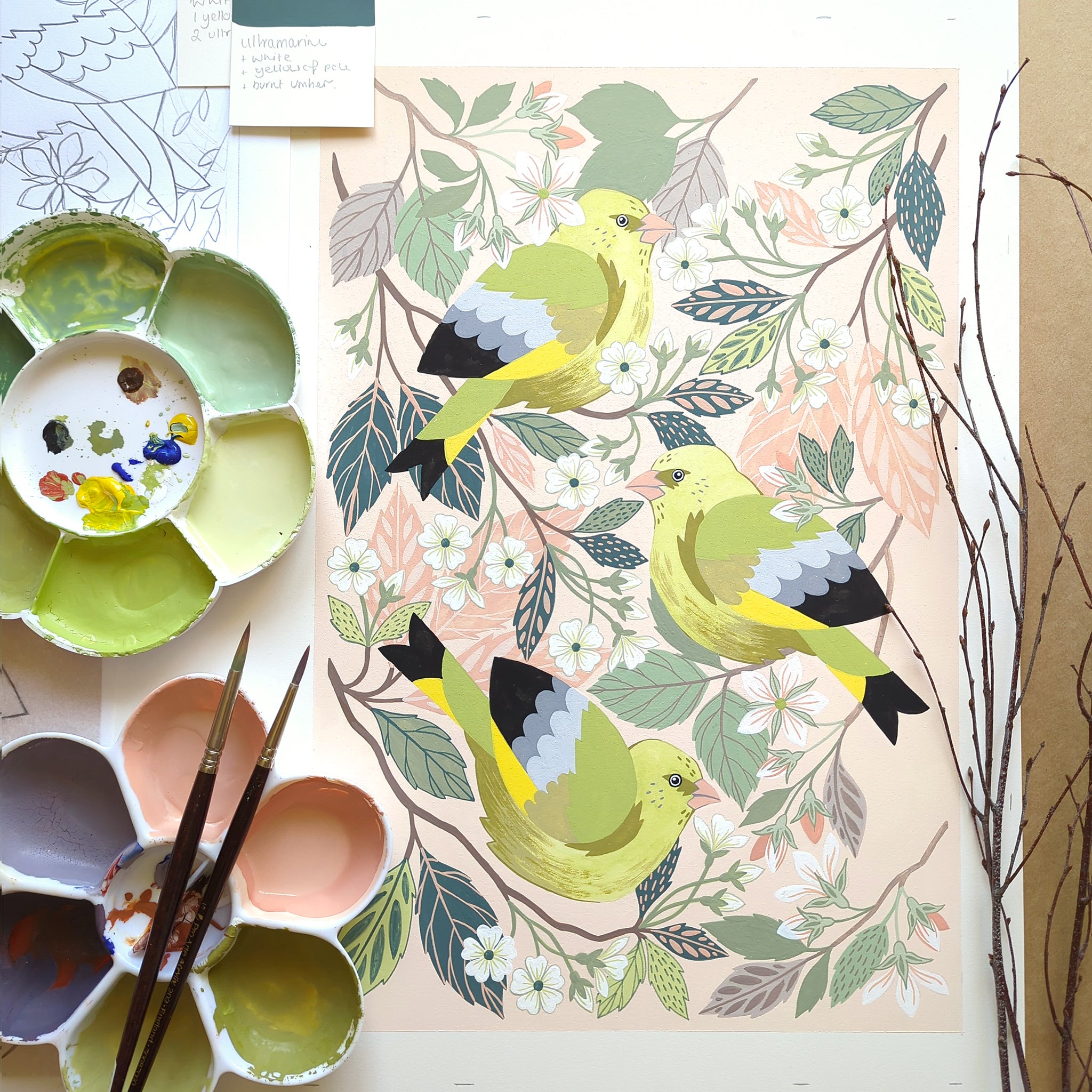 Greenfinch gouache painting in progress