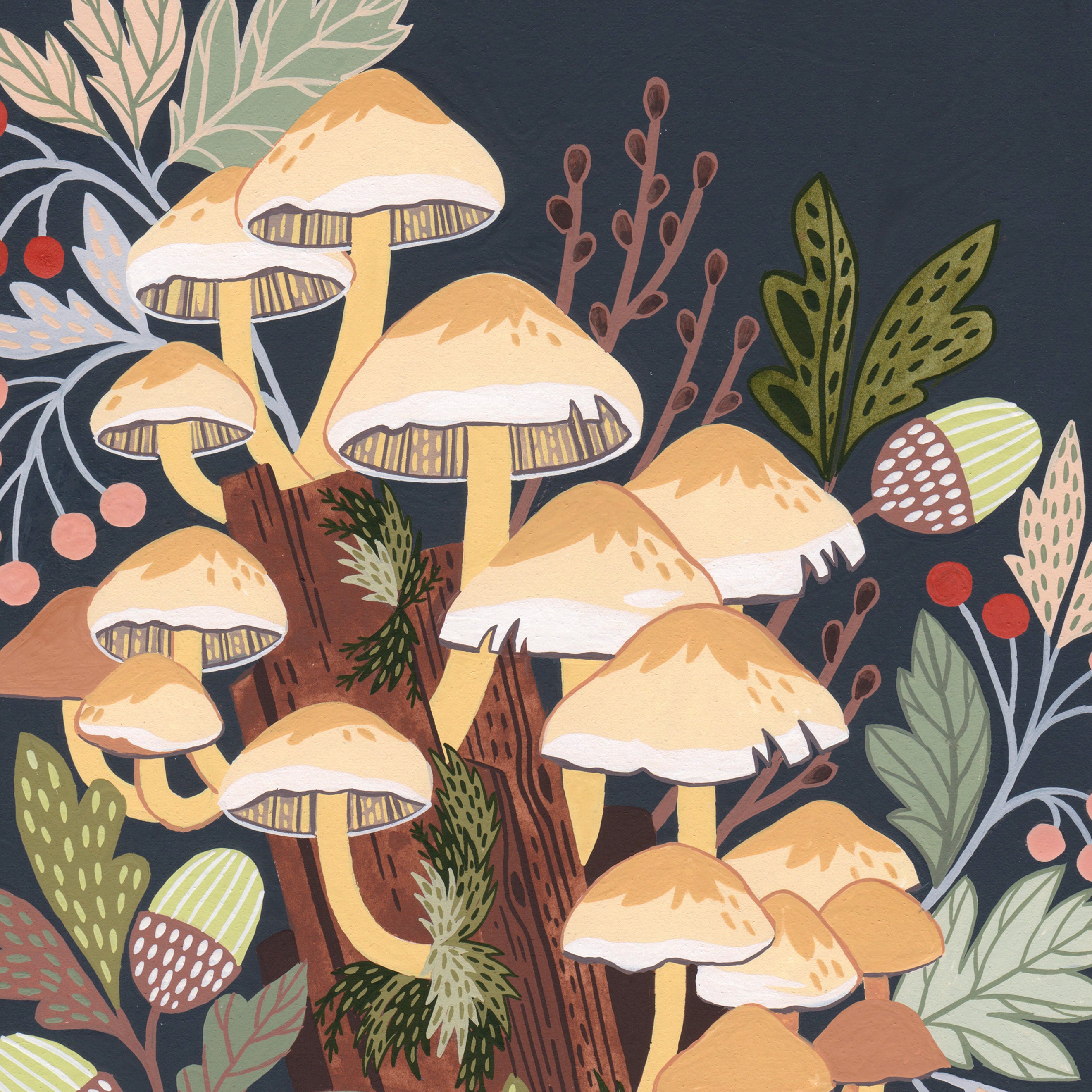 Sulphur Tuft Fungi Gouache Painting