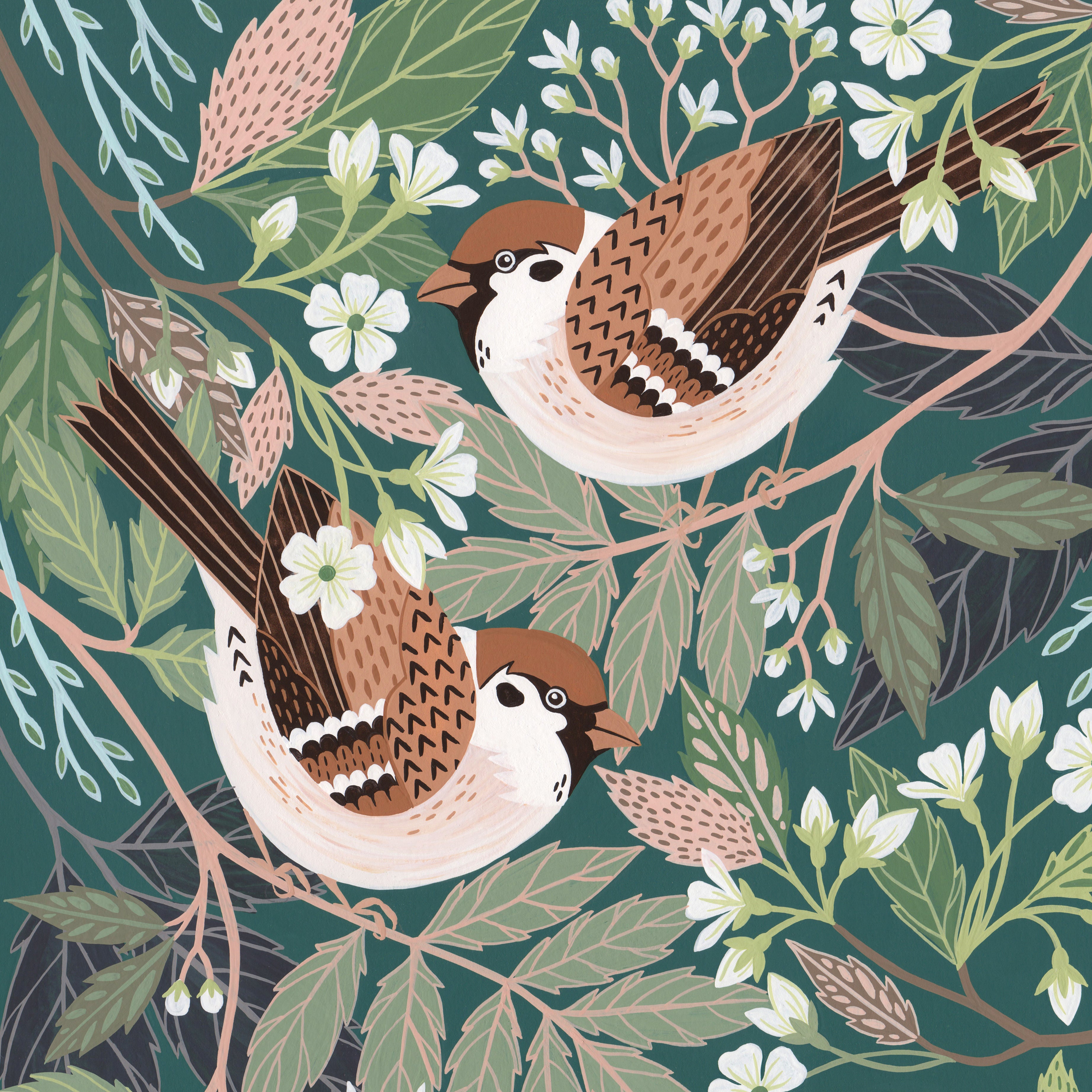 Tree Sparrow Gouache Painting