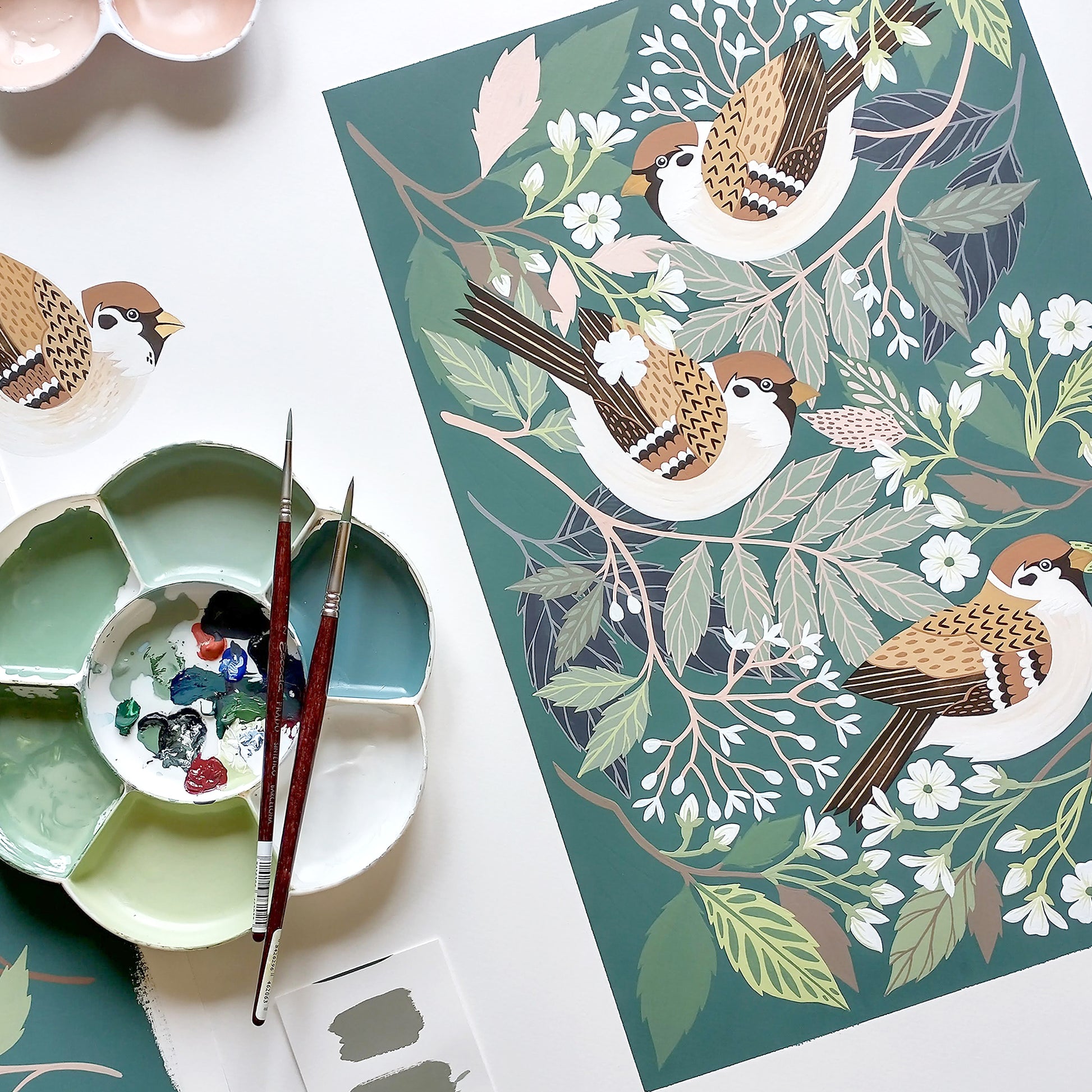 Tree Sparrow Gouache Painting in Progress