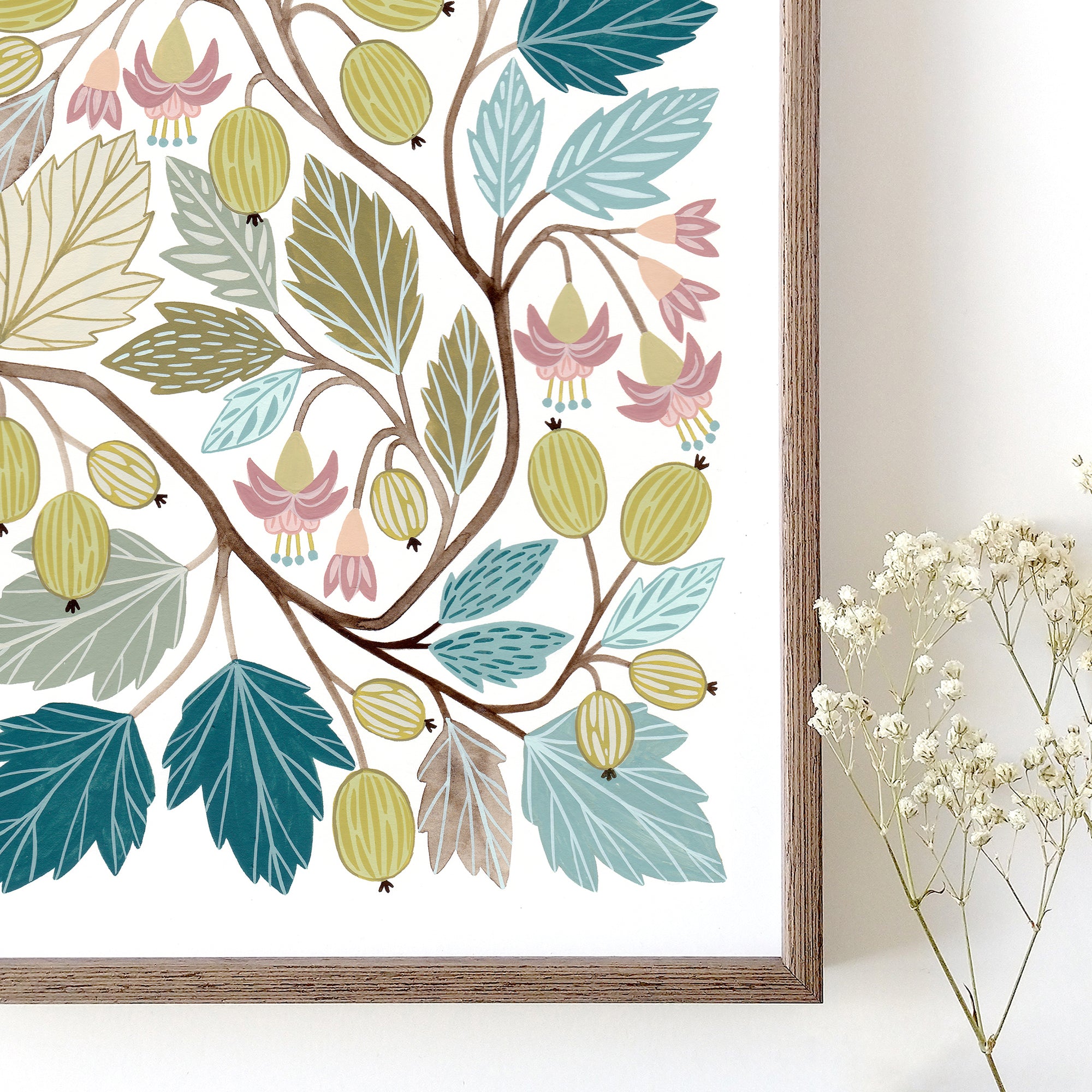 A framed botanical art print featuring gooseberries and leaves in muted teal, sage, olive, pink, and brown tones on a white background.