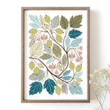 Framed botanical art print featuring illustrated gooseberries with green and blue leaves.