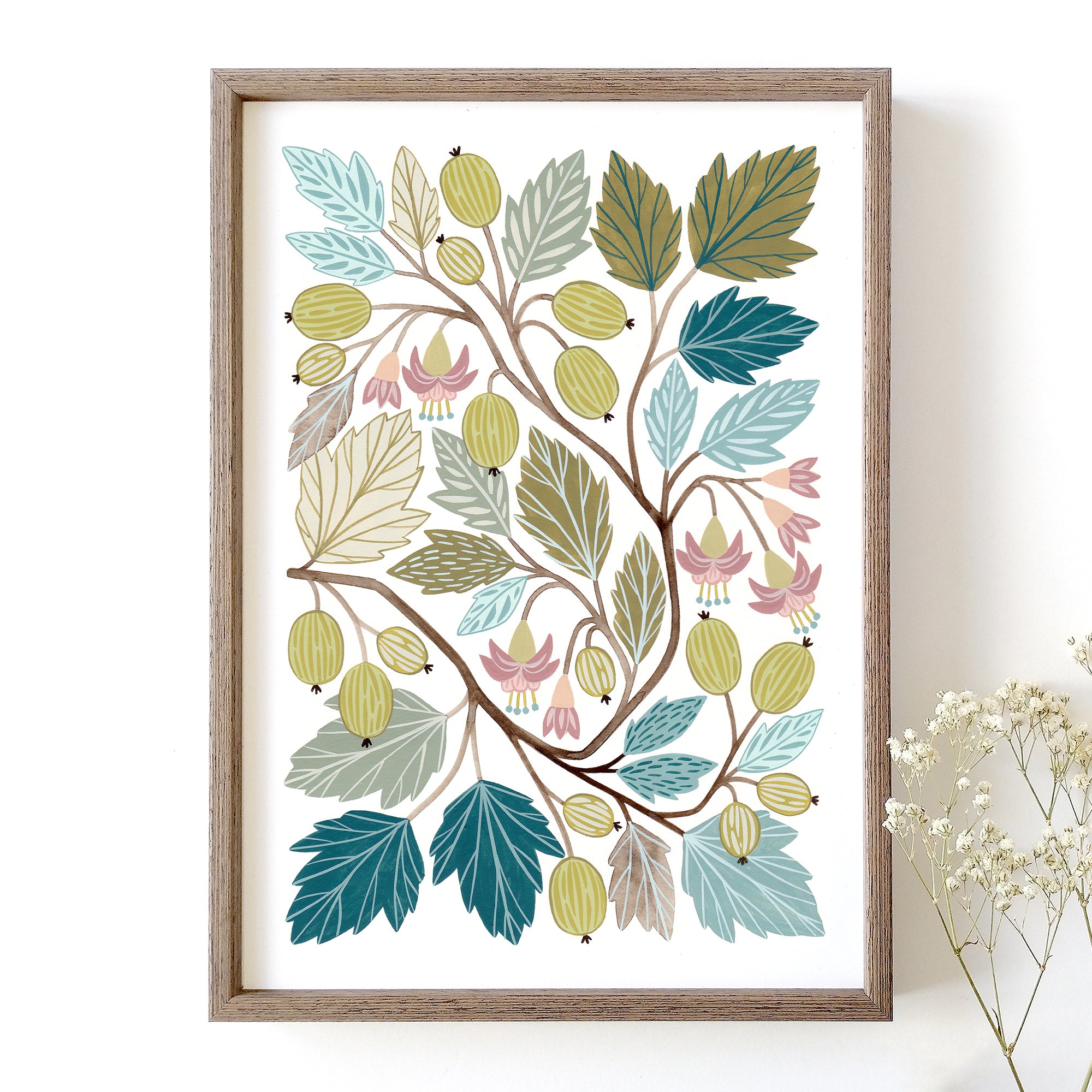 Framed botanical art print featuring illustrated gooseberries with green and blue leaves.