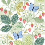 Detail of a gouache painting with wild strawberries and butterflies.