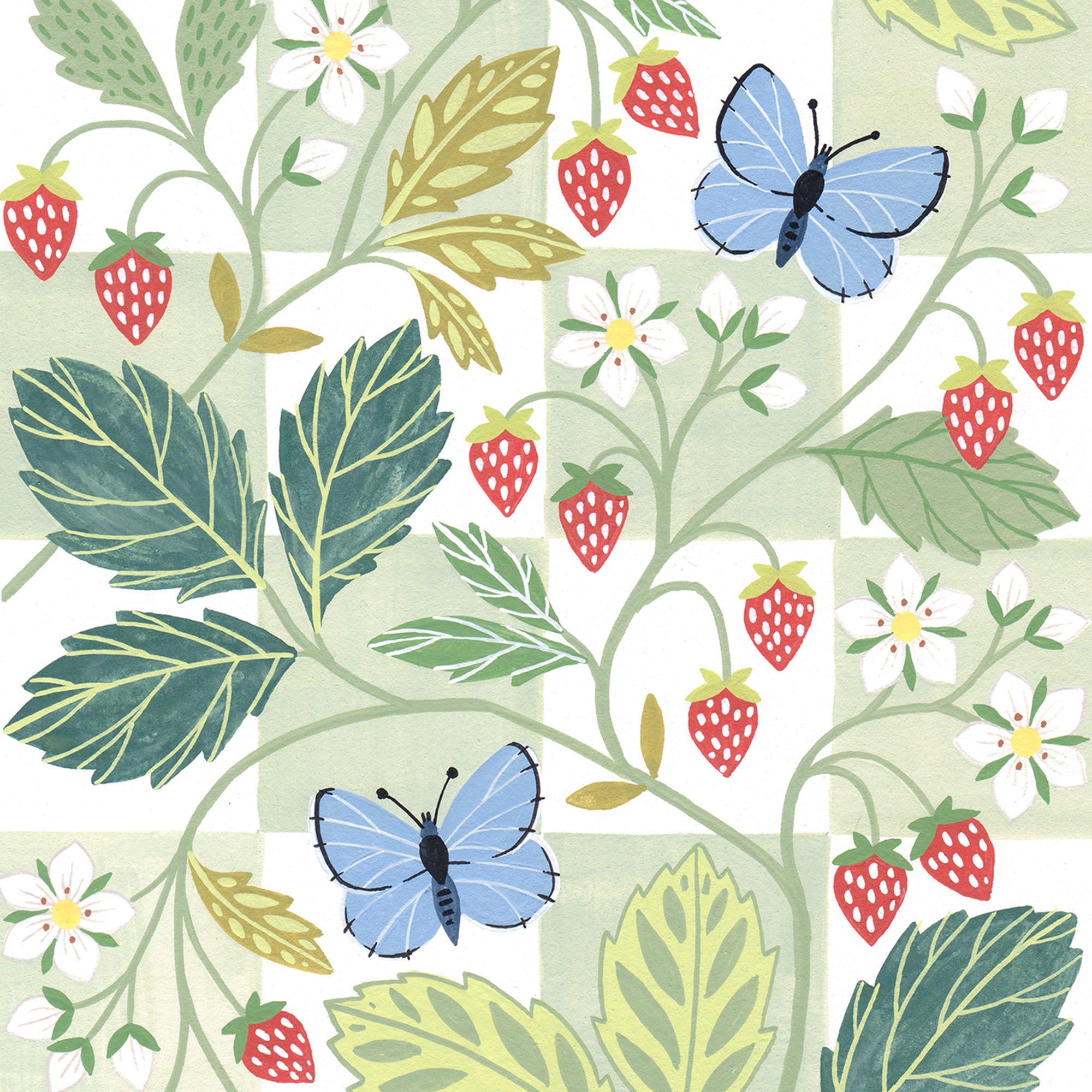 Detail of a gouache painting with wild strawberries and butterflies.