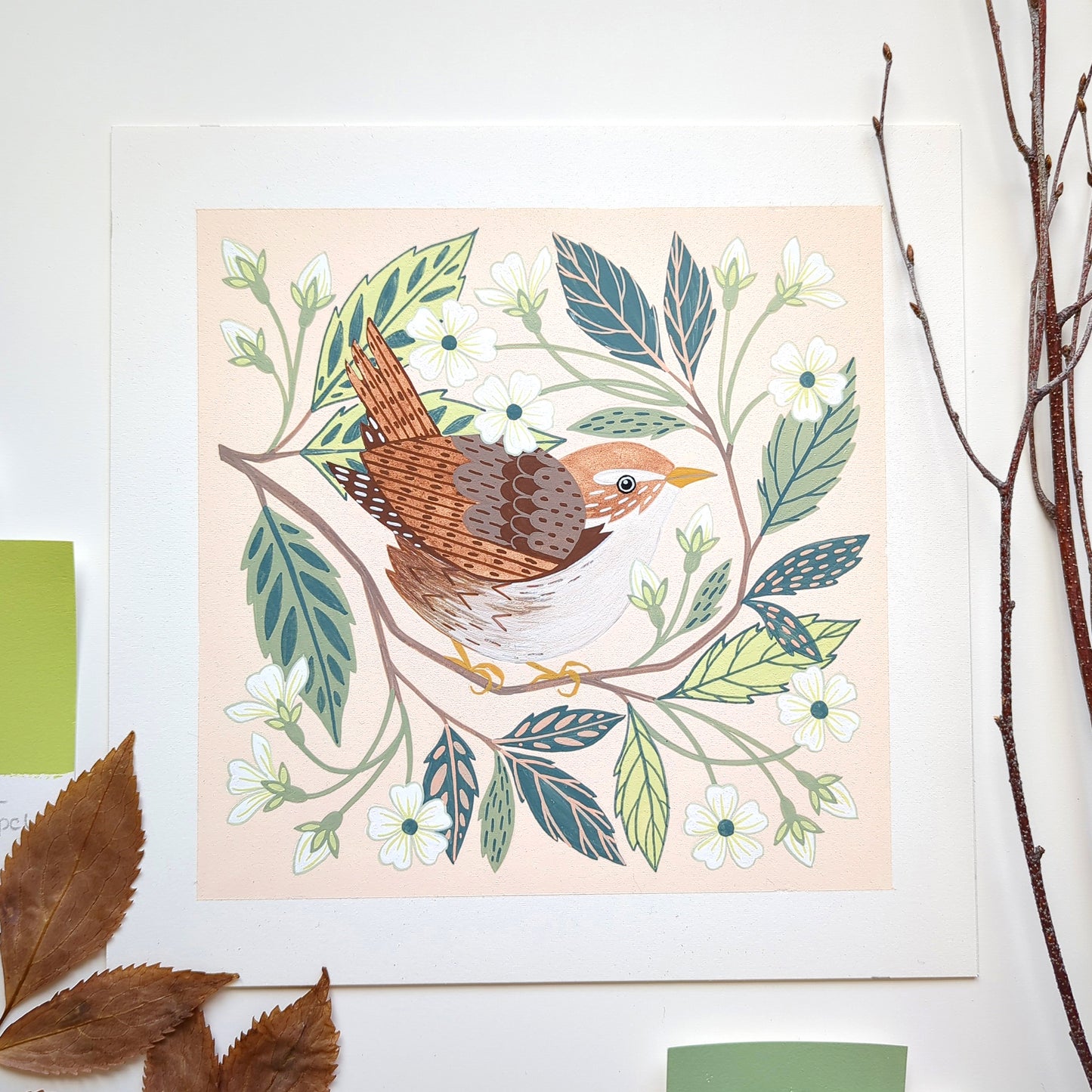 Forest Finds Original Painting: Wren & Wild Cherry Blossom