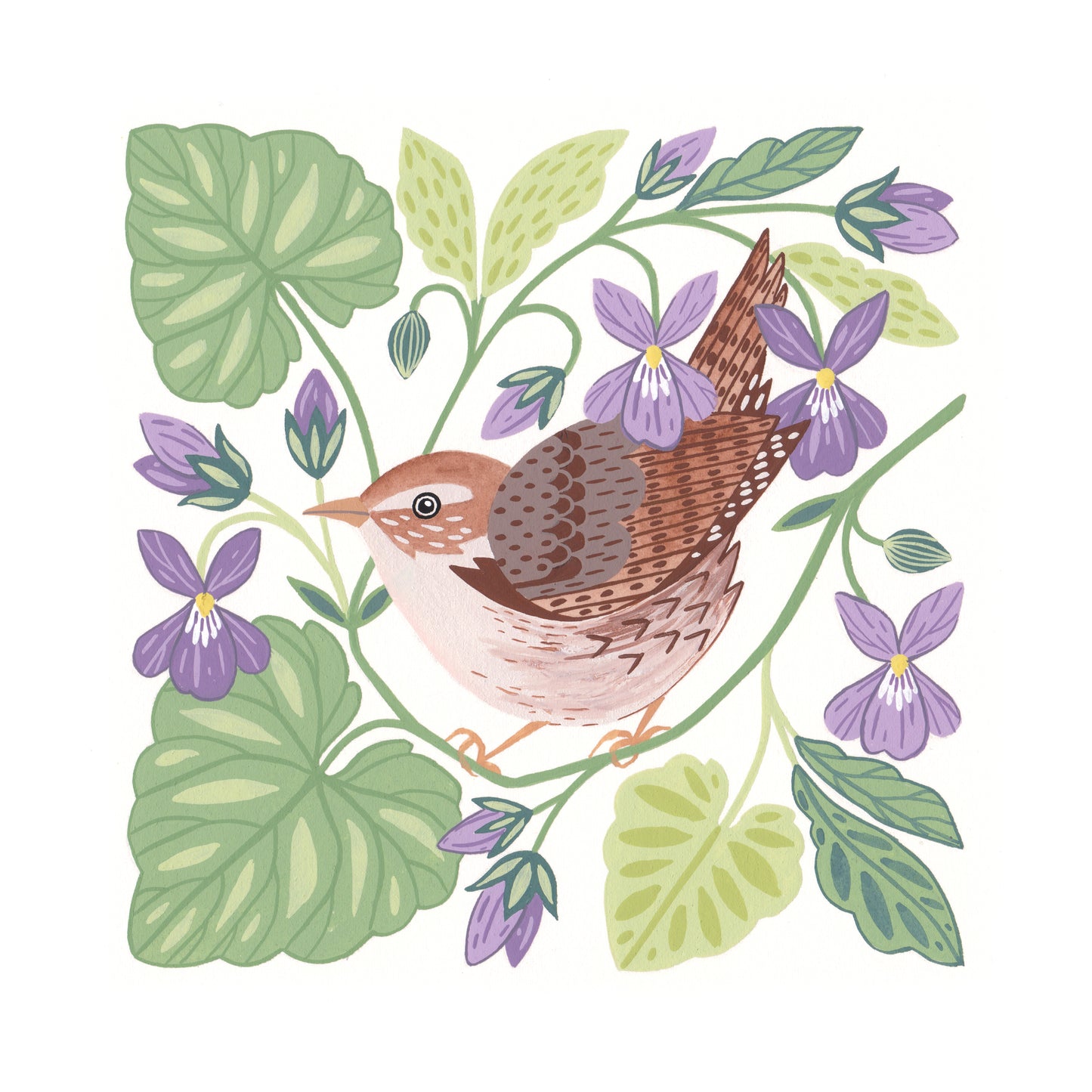 Forest Finds Original Painting: Wren & Sweet Violet