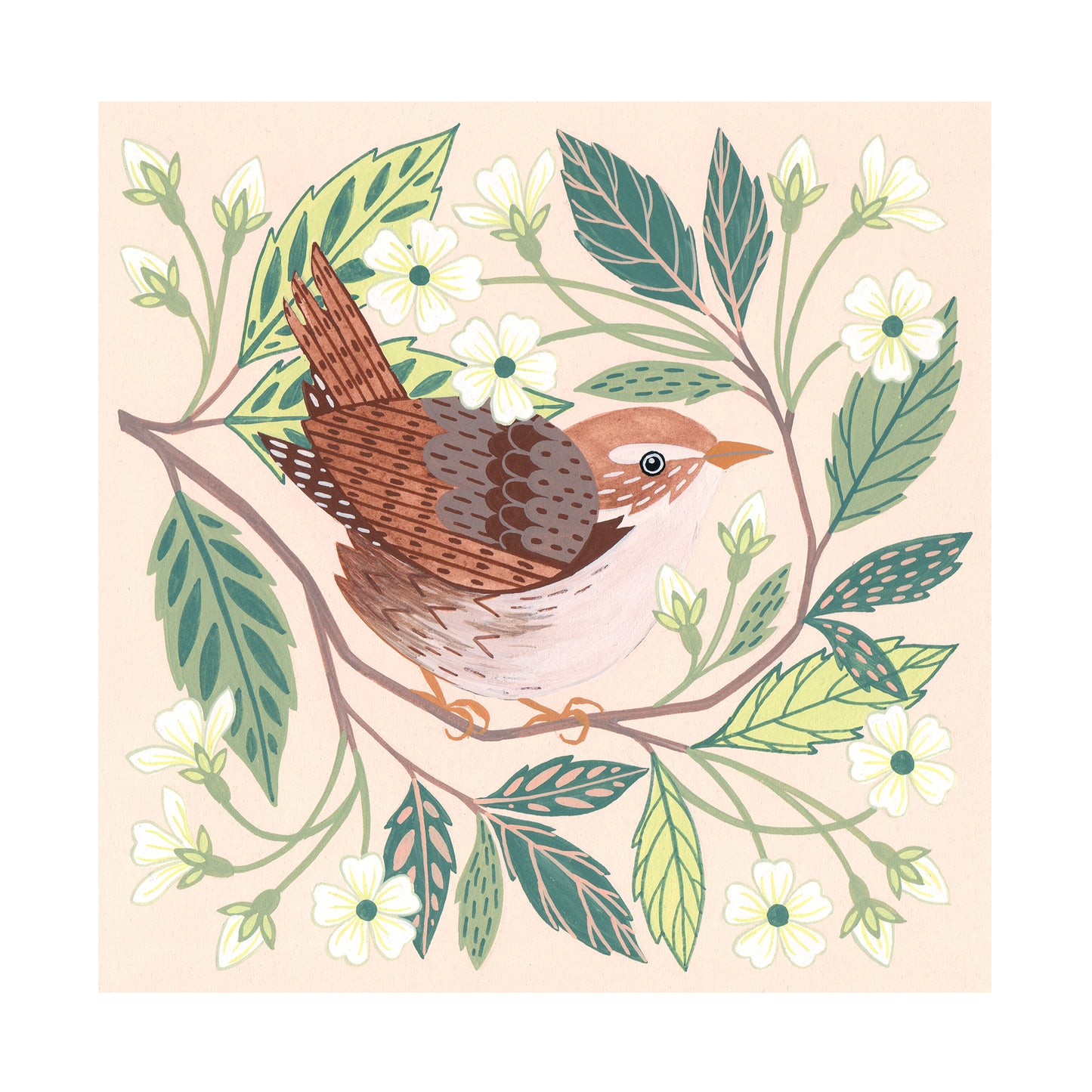 Forest Finds Original Painting: Wren & Wild Cherry Blossom