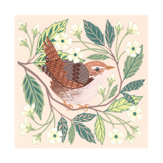 Forest Finds Original Painting: Wren & Wild Cherry Blossom