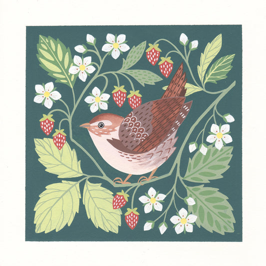 Forest Finds Original Painting: Wren & Wild Strawberries