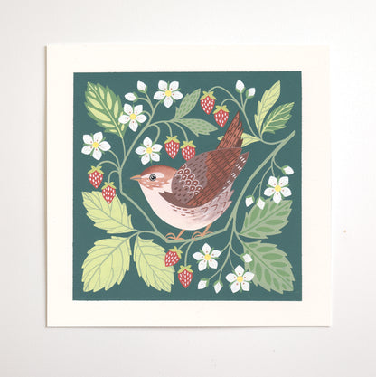 Forest Finds Original Painting: Wren & Wild Strawberries