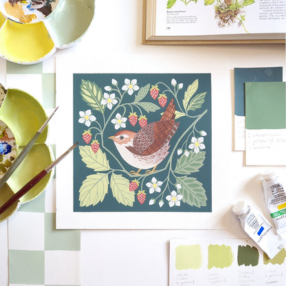 Forest Finds Original Painting: Wren & Wild Strawberries
