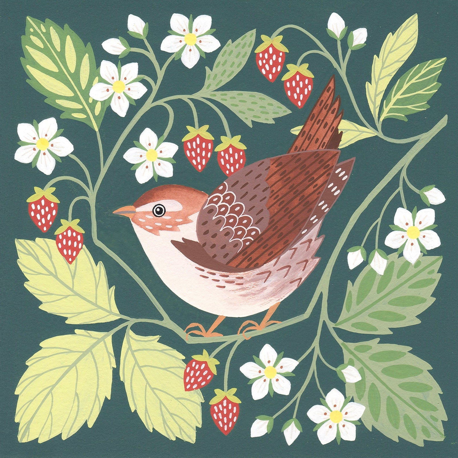 A square gouache painting featuring a detailed illustration of a wren perched on a leafy branch with white flowers and red strawberries, set against a dark teal background with a white border.